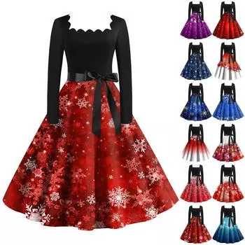 Женские модные повседневные платья с квадратным вырезом и тонкими рождественскими принтами с длинными рукавами XXXXL разноцветный