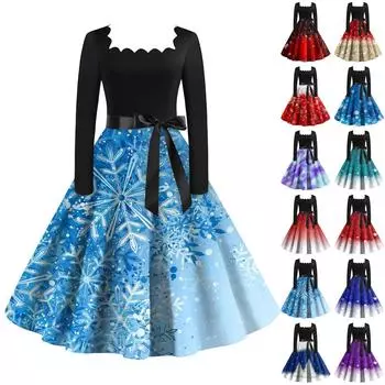 Женские модные повседневные платья с квадратным вырезом и тонкими рождественскими принтами с длинными рукавами XXL