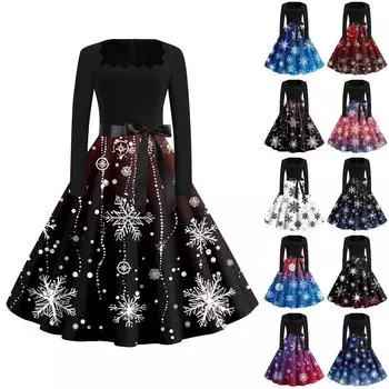 Женские модные повседневные платья с квадратным вырезом и тонкими рождественскими принтами с длинными рукавами M чёрный