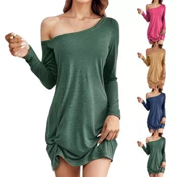 Женские модные повседневные платья с открытыми плечами и длинными рукавами, однотонные, облегающие платья L синий