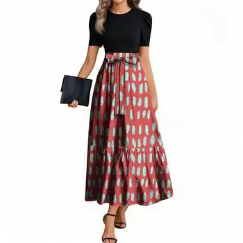 Женские модные повседневные платья с поясом, коротким рукавом, круглым вырезом, геометрическим узором, элегантные платья с темпераментом L чёрный