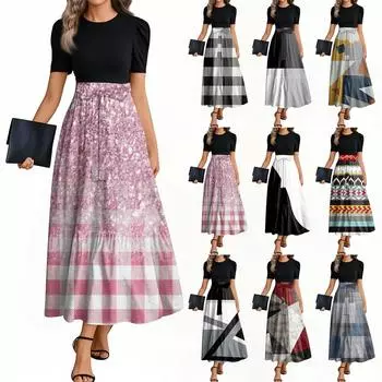 Женские модные повседневные платья с поясом, коротким рукавом, круглым вырезом, геометрическим узором, элегантные платья с темпераментом XL тёмно-синий