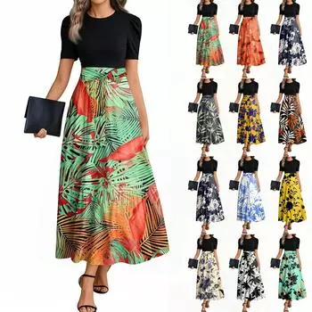 Женские модные повседневные платья с поясом и круглым вырезом с коротким рукавом в цветочек в стиле пэчворк, элегантные платья L бежевый