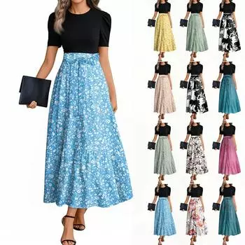 Женские модные повседневные платья с поясом и круглым вырезом с коротким рукавом в цветочек в стиле пэчворк, элегантные платья M синий