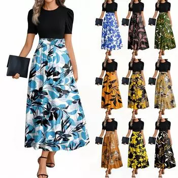 Женские модные повседневные платья с поясом и круглым вырезом с коротким рукавом в цветочек в стиле пэчворк, элегантные платья L розовый