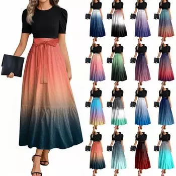 Женские модные повседневные платья с поясом, короткими рукавами и круглым вырезом, с принтом, элегантные, темпераментные L синий