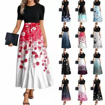 Женские модные повседневные платья с поясом, короткими рукавами и круглым вырезом, с принтом, элегантные, темпераментные L чёрный