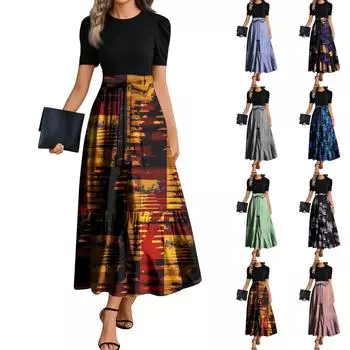 Женские модные повседневные платья с поясом, коротким рукавом, круглым вырезом, геометрическим узором, элегантные платья с темпераментом S