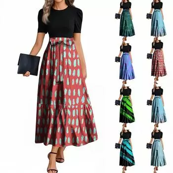 Женские модные повседневные платья с поясом, коротким рукавом, круглым вырезом, геометрическим узором, элегантные платья с темпераментом L чёрный