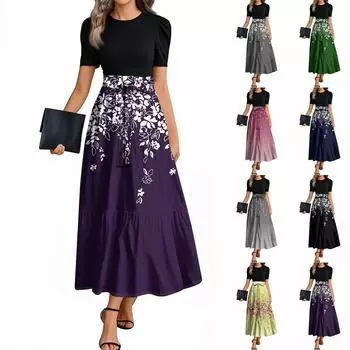 Женские модные повседневные платья с поясом, коротким рукавом, круглым вырезом, геометрическим узором, элегантные платья с темпераментом L чёрный