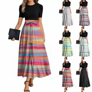 Женские модные повседневные платья с поясом, коротким рукавом, круглым вырезом, геометрическим узором, элегантные платья с темпераментом L темно-синий