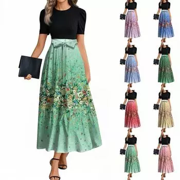 Женские модные повседневные платья с поясом, коротким рукавом, круглым вырезом, геометрическим узором, элегантные платья с темпераментом L чёрный