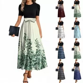 Женские модные повседневные платья с поясом, коротким рукавом, круглым вырезом, геометрическим узором, элегантные платья с темпераментом L чёрный