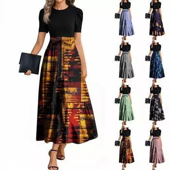 Женские модные повседневные платья с поясом, коротким рукавом, круглым вырезом, геометрическим узором, элегантные платья с темпераментом L чёрный