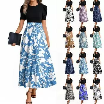 Женские модные повседневные платья с поясом и круглым вырезом с коротким рукавом в цветочек в стиле пэчворк, элегантные платья L чёрный