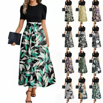 Женские модные повседневные платья с поясом и круглым вырезом с коротким рукавом в цветочек в стиле пэчворк, элегантные платья S тёмно-синий