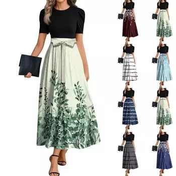 Женские модные повседневные платья с поясом, коротким рукавом, круглым вырезом, геометрическим узором, элегантные платья с темпераментом XXL тёмно-синий