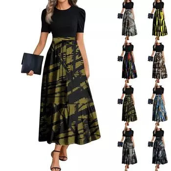 Женские модные повседневные платья с поясом, коротким рукавом, круглым вырезом, геометрическим узором, элегантные платья с темпераментом XXL