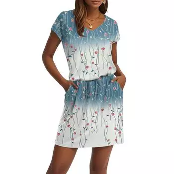 Женские модные повседневные платья с V-образным вырезом и коротким рукавом, на завязках и карманах с принтом L