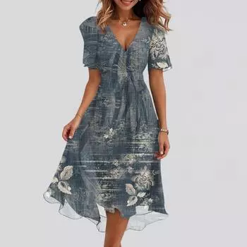 Женские модные повседневные платья с V-образным вырезом, короткими рукавами и оборками, винтажным принтом L