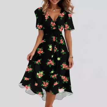Женские модные повседневные платья с V-образным вырезом, короткими рукавами и оборками, винтажным принтом L чёрный