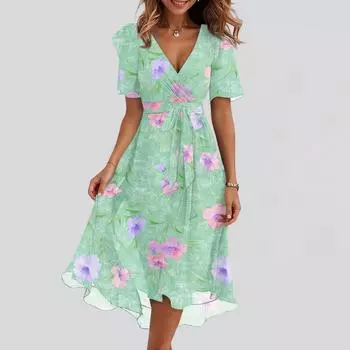 Женские модные повседневные платья с V-образным вырезом, короткими рукавами и оборками, винтажным принтом M зелёный