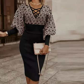 Женские модные повседневные платья с V-образным вырезом и длинным рукавом с принтом L хаки