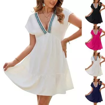 Женские модные повседневные платья с V-образным вырезом и рукавами на плечах L чёрный