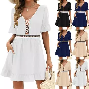 Женские модные повседневные платья с V-образным вырезом и короткими рукавами L бежевый
