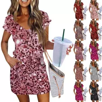 Женские модные повседневные платья с V-образным вырезом и коротким рукавом, на завязках, с пайетками L чёрный