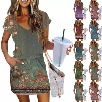 Женские модные повседневные платья с V-образным вырезом и коротким рукавом, на шнуровке, с винтажным цветочным принтом L
