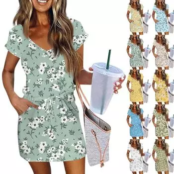 Женские модные повседневные платья с V-образным вырезом и коротким рукавом, на завязках, с цветочным принтом XL оранжевый