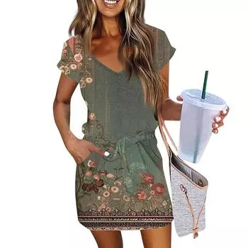 Женские модные повседневные платья с V-образным вырезом и коротким рукавом, на шнуровке, с винтажным цветочным принтом S