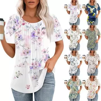 Женские модные повседневные плиссированные футболки с короткими рукавами и круглым вырезом с принтом, топы L синий