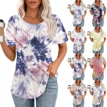 Женские модные повседневные плиссированные футболки с короткими рукавами и круглым вырезом с принтом, топы XL