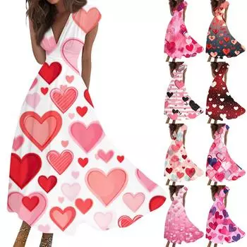 Женские модные повседневные плиссированные платья с V-образным вырезом и завязками на День святого Валентина с принтом L