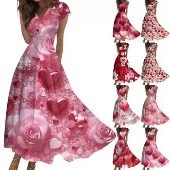 Женские модные повседневные плиссированные платья с V-образным вырезом и завязками на День святого Валентина с принтом L