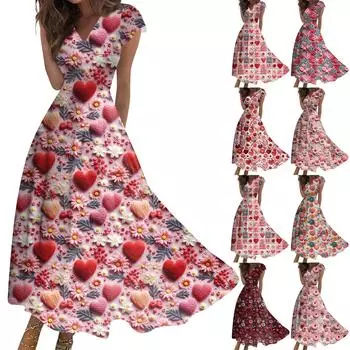 Женские модные повседневные плиссированные платья с V-образным вырезом и завязками на День святого Валентина с принтом L