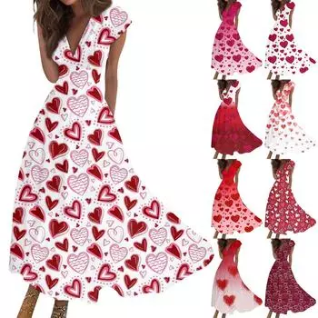 Женские модные повседневные плиссированные платья с V-образным вырезом и завязками на День святого Валентина с принтом XXL