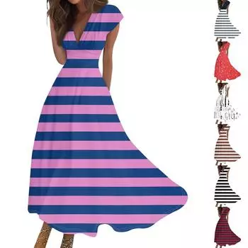 Женские модные повседневные плиссированные полосатые платья с v-образным вырезом и рюшами и короткими рукавами на шнуровке L красный