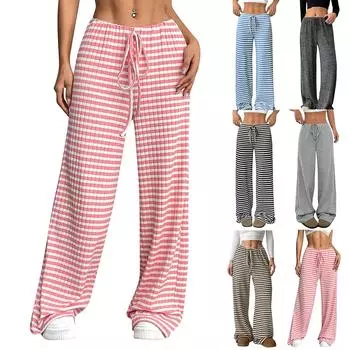 Женские модные повседневные полосатые однотонные брюки прямого кроя с эластичным поясом и шнурком M коричневый