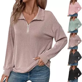 Женские модные повседневные полосатые свободные однотонные топы с длинными рукавами и застежкой-молнией на половину длины L чёрный