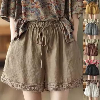 Женские модные повседневные полые вязаные крючком прямые шорты из хлопка и льна в стиле ретро L бежевый