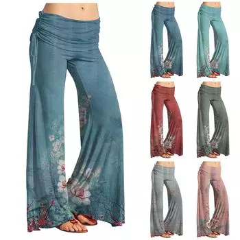 Женские модные повседневные расклешенные брюки с кулиской и винтажным принтом, широкие брюки L армия зеленый