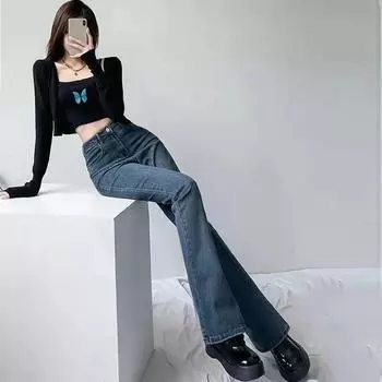 Женские модные повседневные расклешенные брюки с высокой талией и микро эластичным ремешком, широкие брюки, джинсы, подковообразные брюки XXL синий