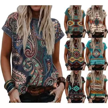 Женские модные повседневные рубашки в стиле вестерн для женщин, топы с короткими рукавами, летние топы с принтом XL