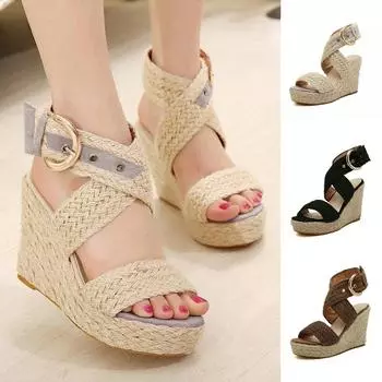 Женские модные повседневные сандалии на танкетке с пряжкой большого размера, римская обувь 38 бежевый