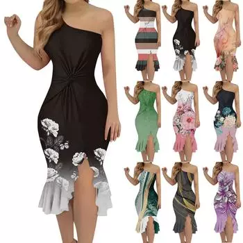 Женские модные повседневные сексуальные платья с оборками на одно плечо и принтом M зелёный