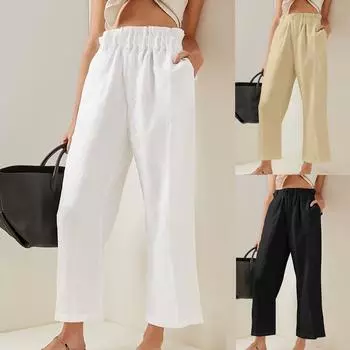 Женские модные повседневные широкие брюки с эластичной резинкой на талии и карманами с рюшами S хаки