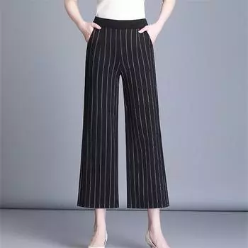 Женские модные повседневные широкие брюки с высокой талией и эластичной резинкой на талии в полоску, свободные брюки-кюлоты, прямые укороченные брюки S чёрный